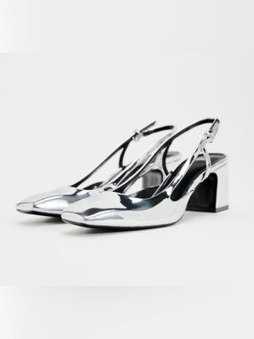 NWT’s Zara Patent Silver Metallic Square Tow Slingback Size 37